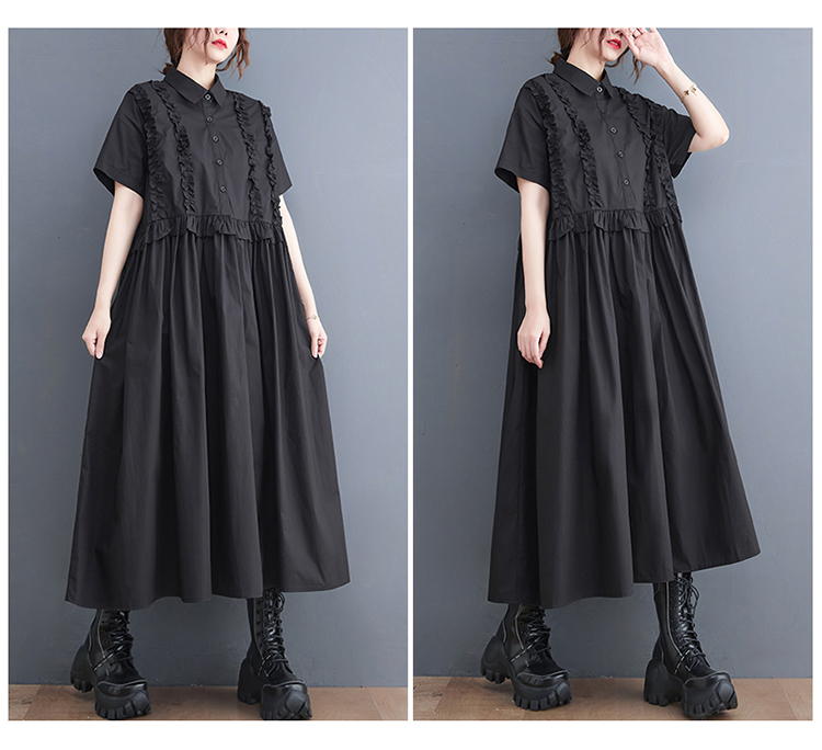 モード系 シルエットで魅せる無地シャツワンピース｜上品フリル×体型カバー×2色展開