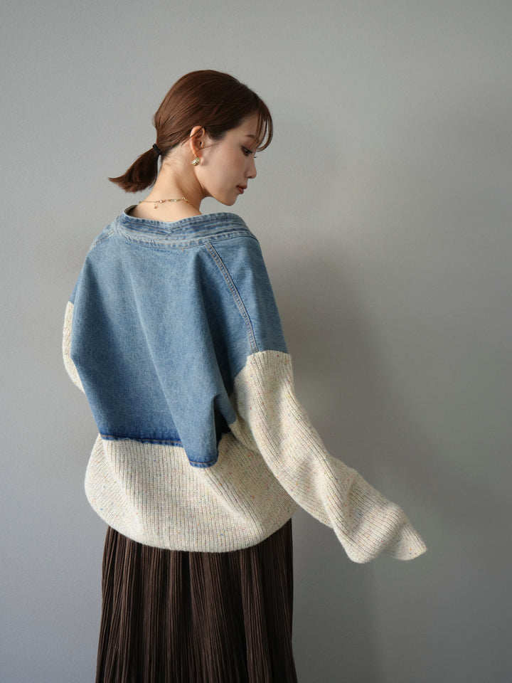 モード系 デニム切替ニットカーディガン
