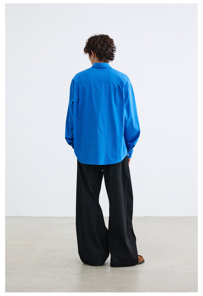 メンズカジュアルスーツ 長袖 無地 ワイシャツ ボタンダウン ブルー