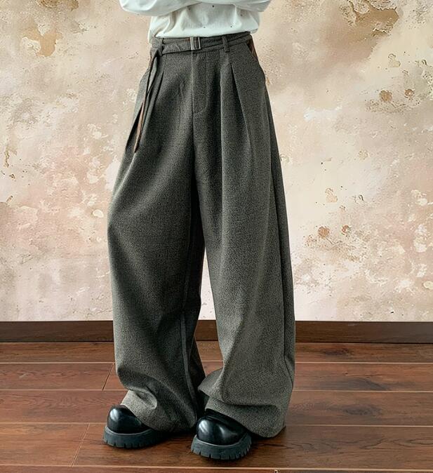 メンズカジュアルスーツ メンズ ワイドスラックス グレー 極太パンツ