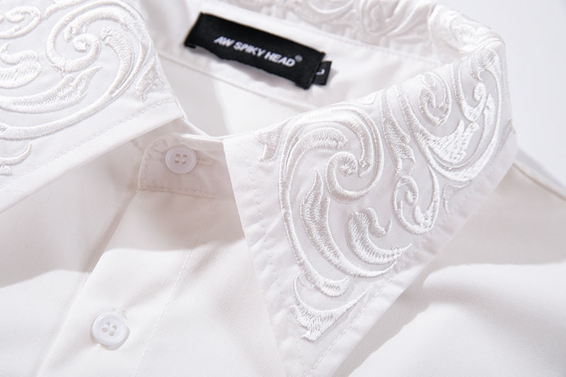 メンズカジュアルスーツ 刺繍入り長袖シャツ白黒二色展開