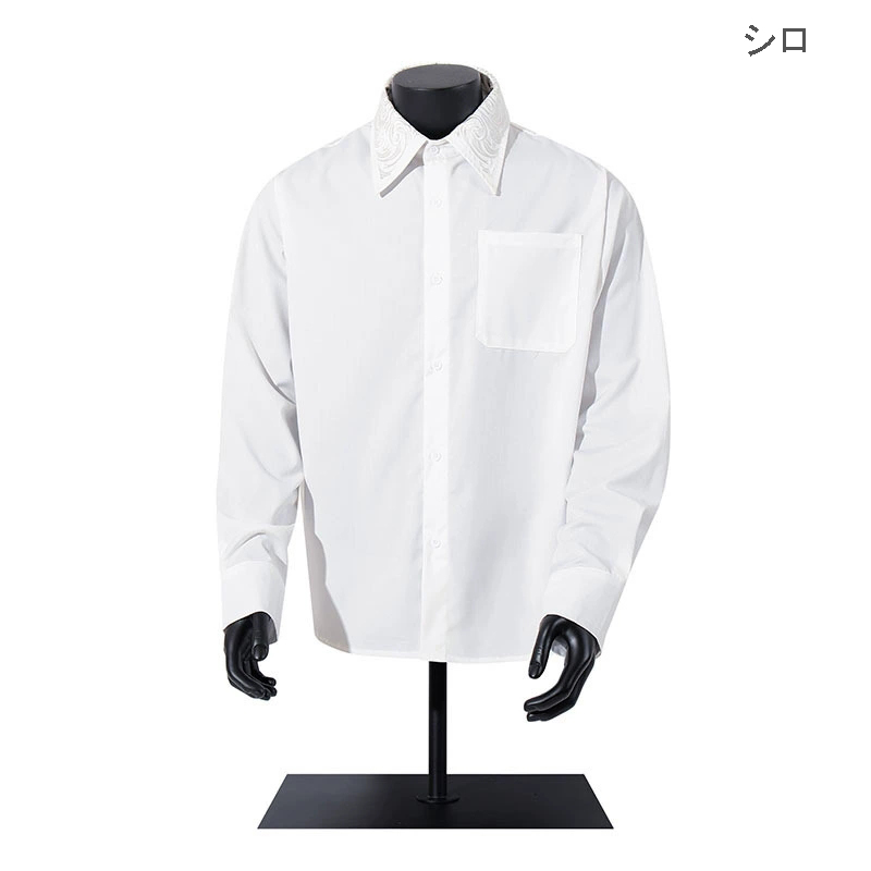 メンズカジュアルスーツ 刺繍入り長袖シャツ白黒二色展開