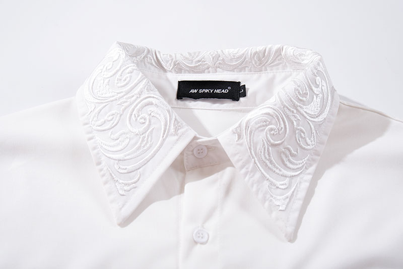 メンズカジュアルスーツ 刺繍入り長袖シャツ白黒二色展開