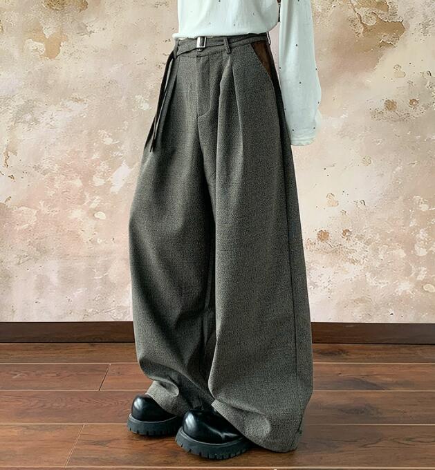 メンズカジュアルスーツ メンズ ワイドスラックス グレー 極太パンツ