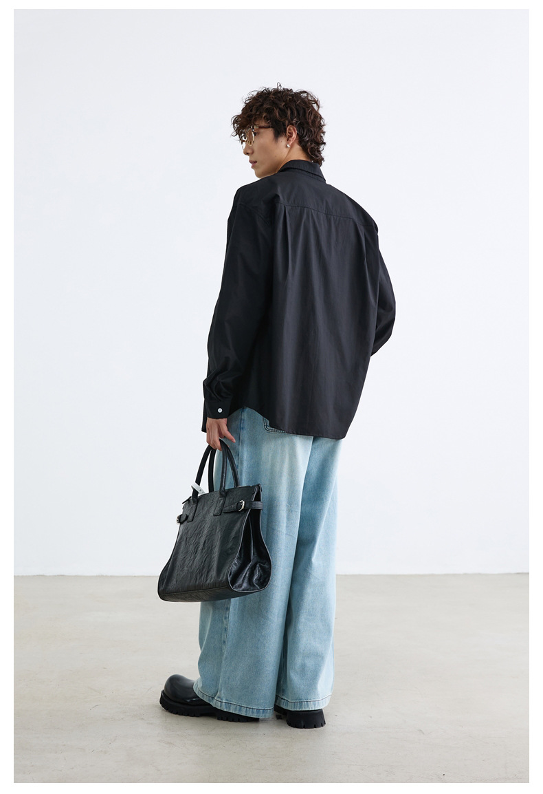 メンズカジュアルスーツ 長袖 無地 ワイシャツ ボタンダウン ブルー