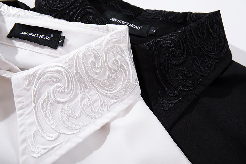 メンズカジュアルスーツ 刺繍入り長袖シャツ白黒二色展開