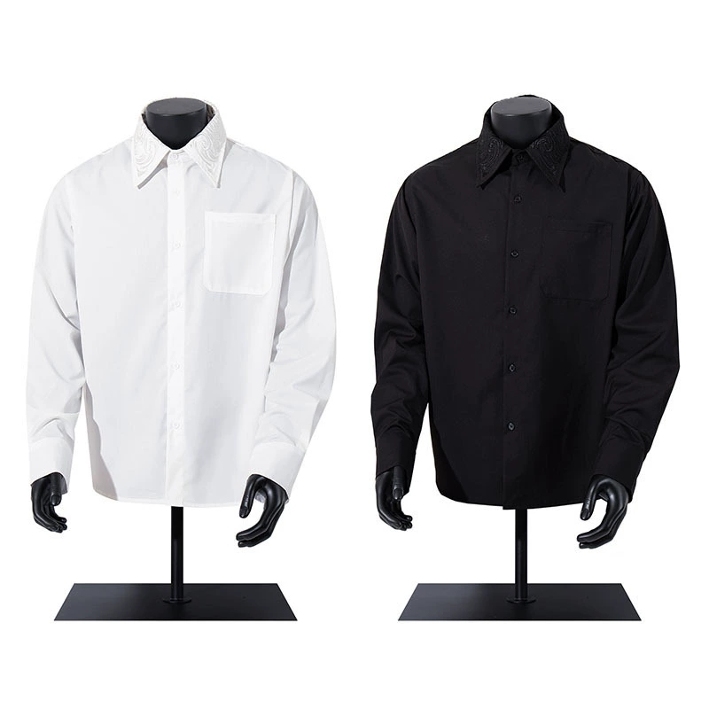 メンズカジュアルスーツ 刺繍入り長袖シャツ白黒二色展開