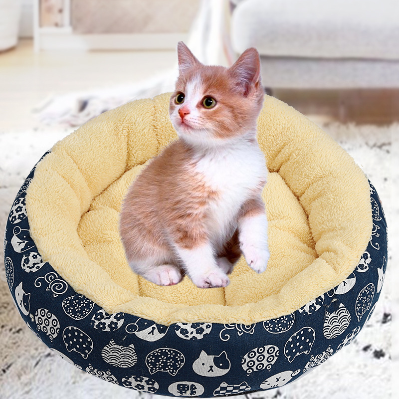 ペットマット 和柄猫顔模様の丸型猫用ふわふわペットベッド