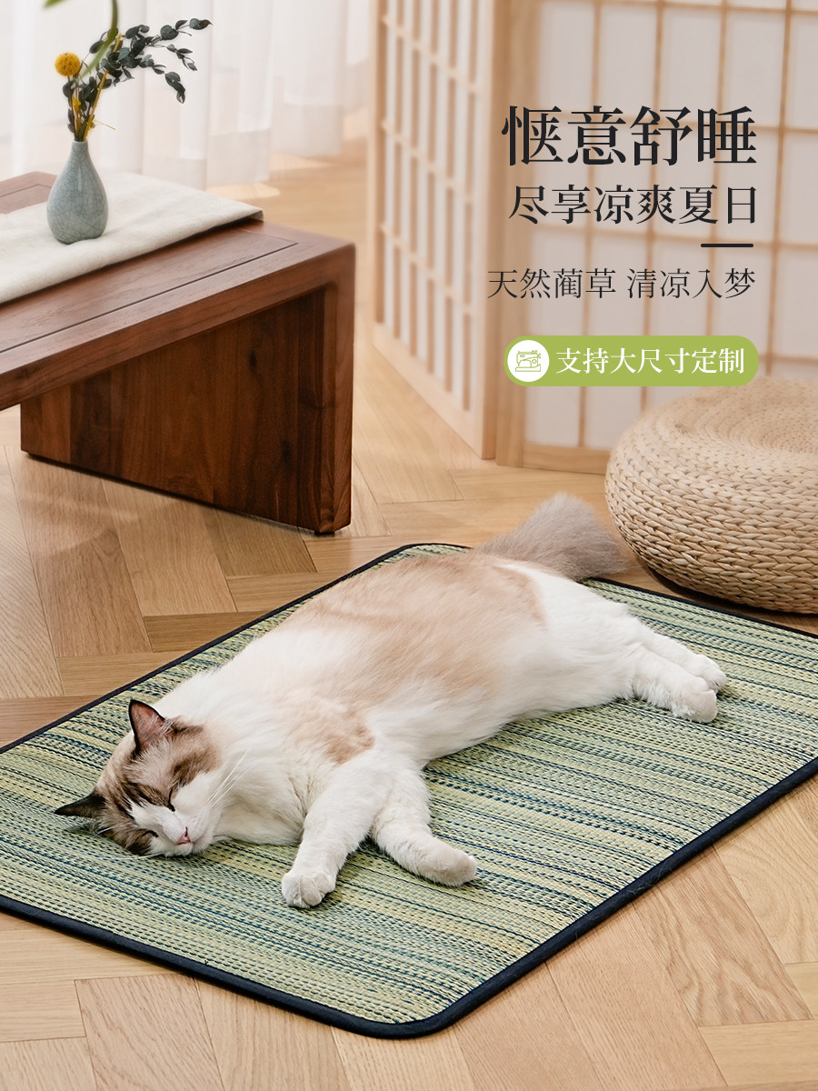 天然蒲草編み込み涼感ペットマット猫用