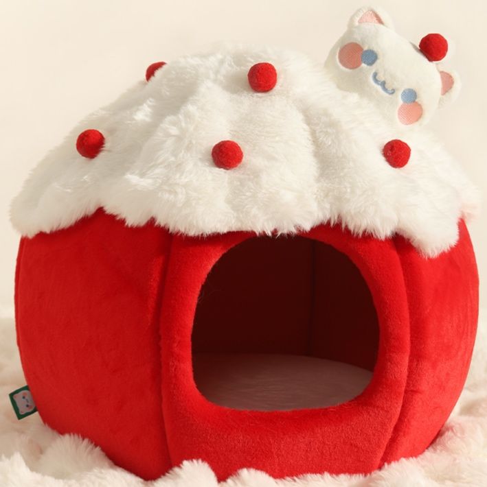ペットマット ふわふわ苺ケーキ型猫用隠れ家ベッド