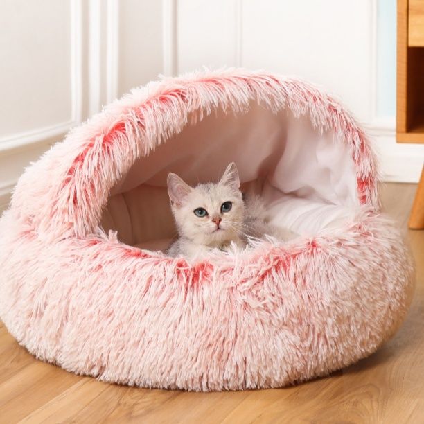 ペットマット 犬猫兼用 ふわふわ長毛円形包み込みペットベッド