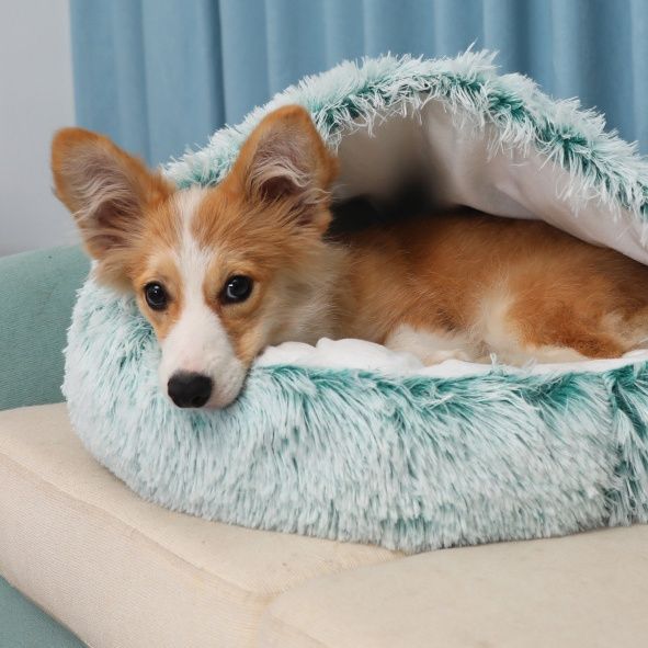 ペットマット 犬猫兼用 ふわふわ長毛円形包み込みペットベッド