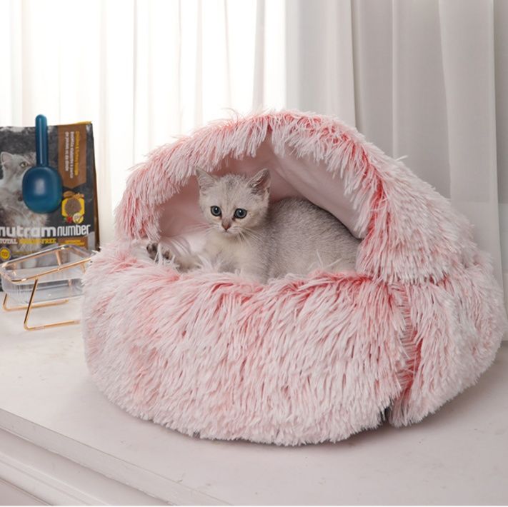 ペットマット 犬猫兼用 ふわふわ長毛円形包み込みペットベッド