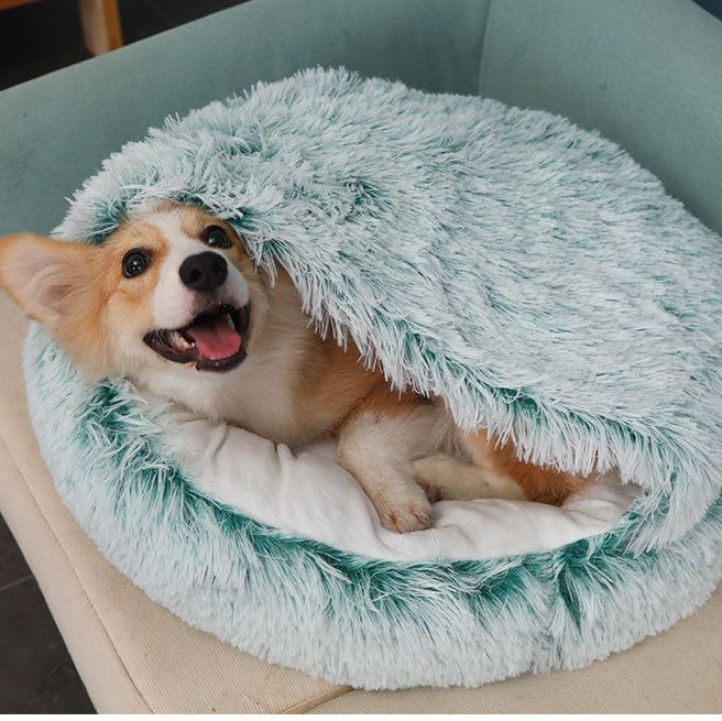 ペットマット 犬猫兼用 ふわふわ長毛円形包み込みペットベッド