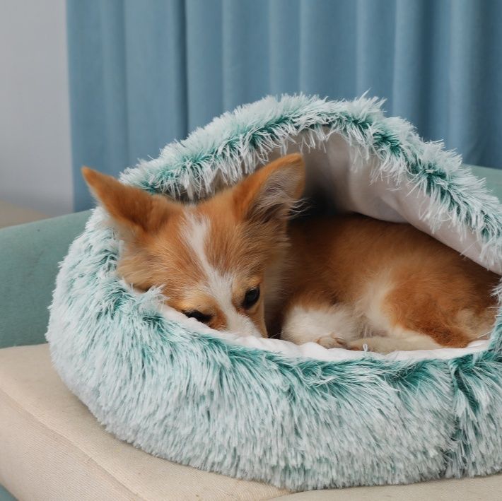 ペットマット 犬猫兼用 ふわふわ長毛円形包み込みペットベッド