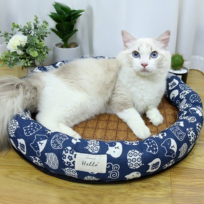 ペットマット 和柄模様の丸型ひんやり涼席ペットマット猫用