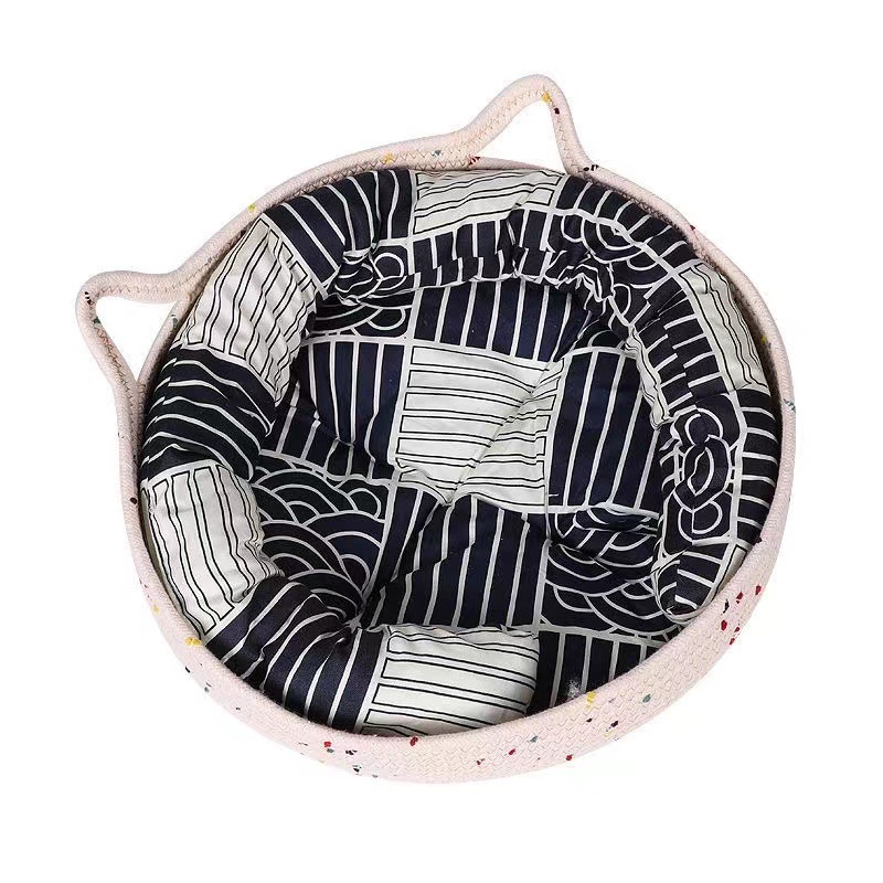 ペットマット 猫耳付き丸型編み込みベッドマット