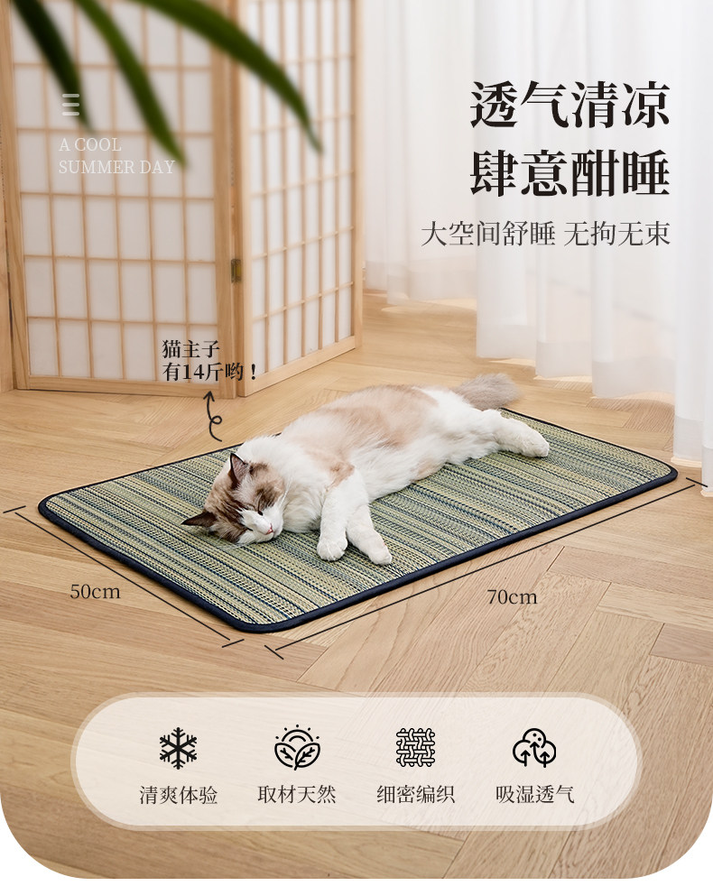 天然蒲草編み込み涼感ペットマット猫用