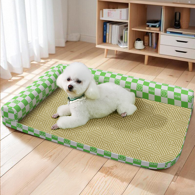 ペットマット 籐織り素材の背もたれ付き犬用冷感