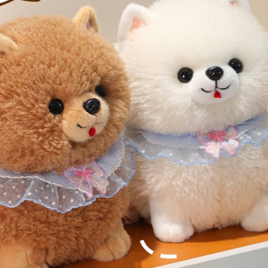 犬 ぬいぐるみ ふわふわレース首輪付きポメラニアンぬいぐるみ