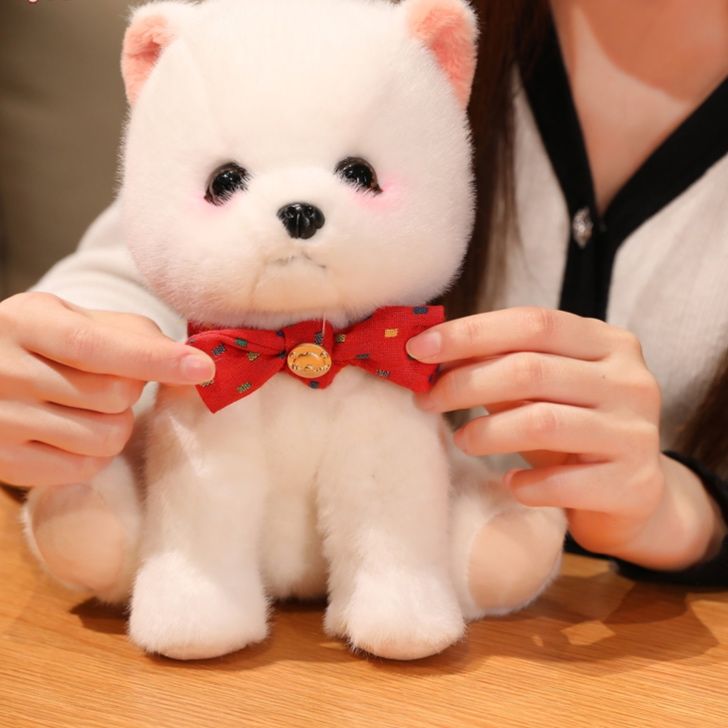 犬 ぬいぐるみ ふわふわリボン付きポメラニアン抱きしめぬいぐるみ