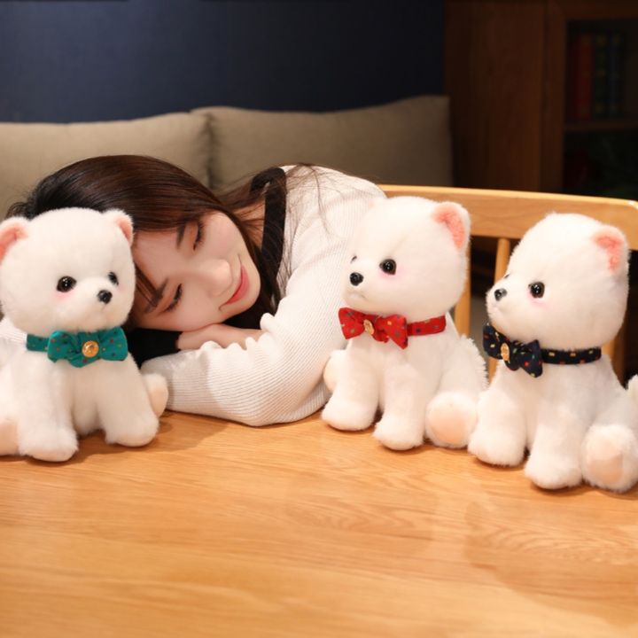 犬 ぬいぐるみ ふわふわリボン付きポメラニアン抱きしめぬいぐるみ