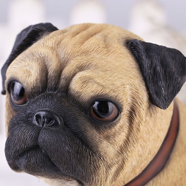 犬 ぬいぐるみ リアル造形パグ犬置物首輪付き