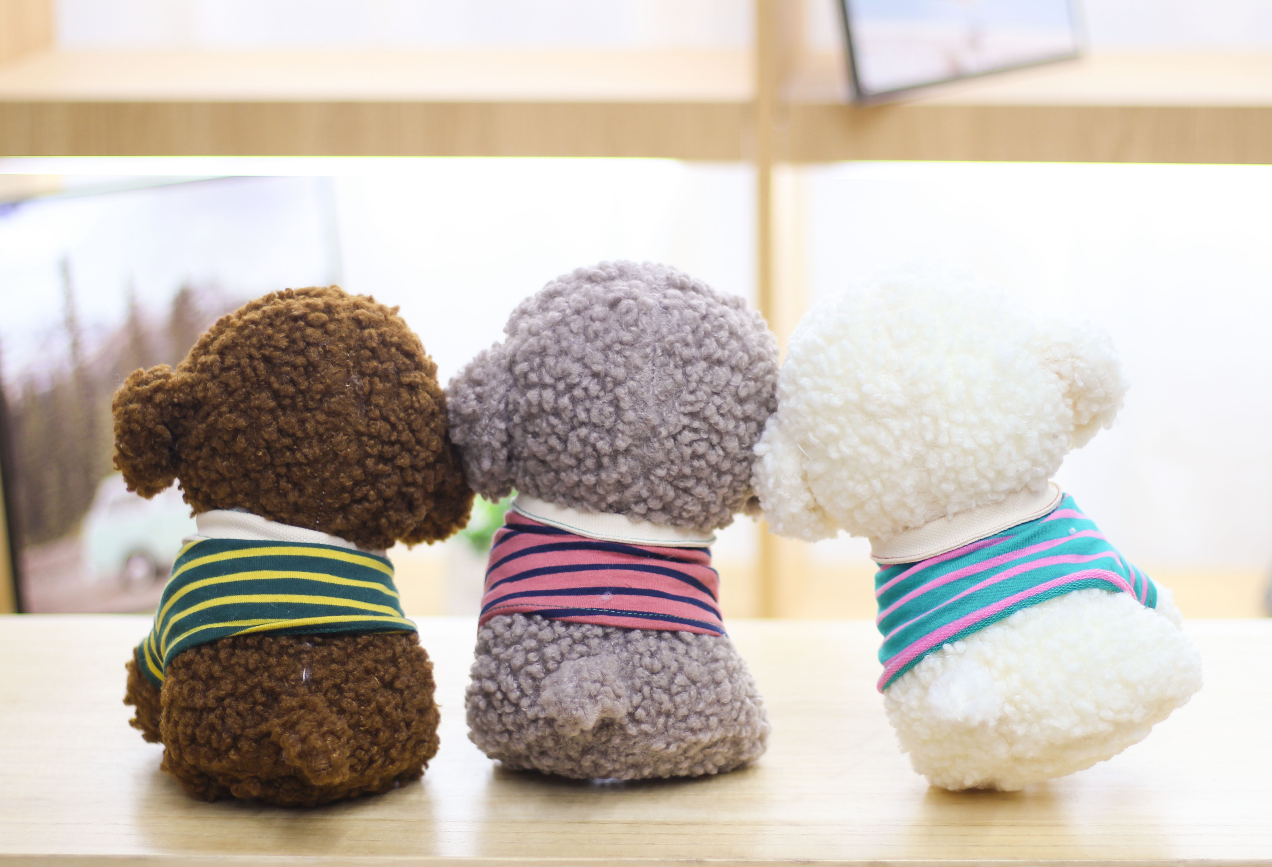 犬 ぬいぐるみ ボーダー服を着た座りポーズのトイプードル