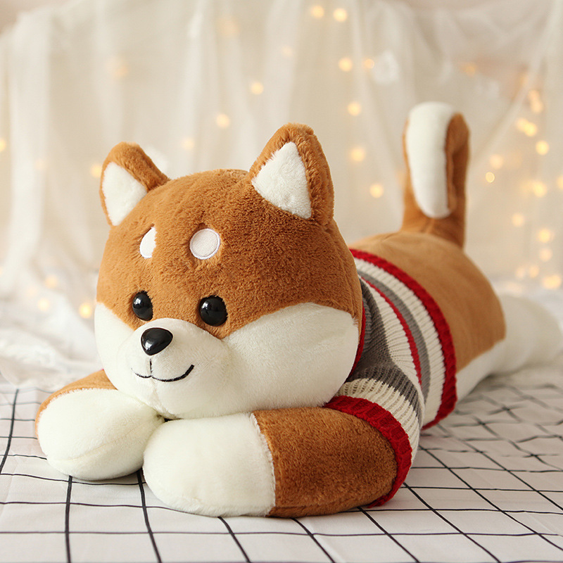 犬 ぬいぐるみ ふせポーズ柴犬ぬいぐるみ ニット柄マフラー付き