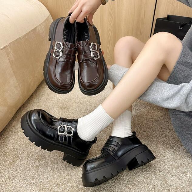 モカシン 厚底ダブルストラップローファー女性用合成皮革靴