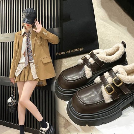 モカシン 裏ボア二重ベルト厚底ローファー美脚効果