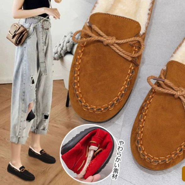 ふわふわファー付きモカシン レディース 暖かい歩きやすい靴