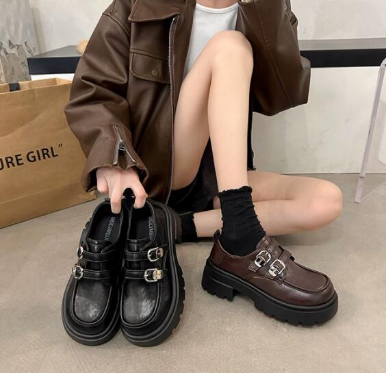 レディース厚底ローファー合成皮革モカシンシューズ