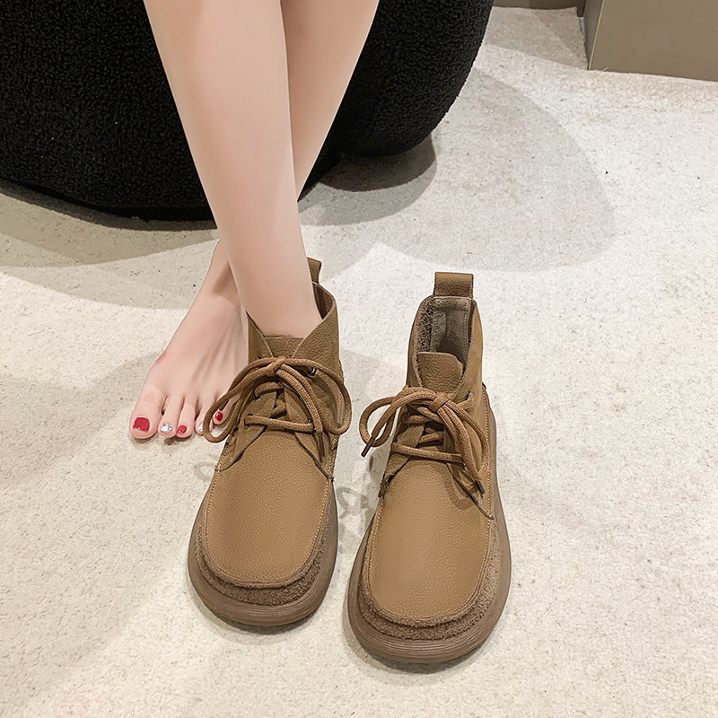 モカシン 編み上げデザイン本革モカシンブーツ