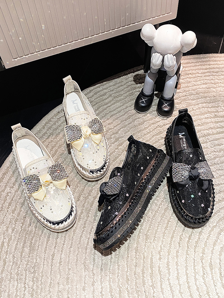 モカシン 厚底 レース飾り リボン厚底モカシン