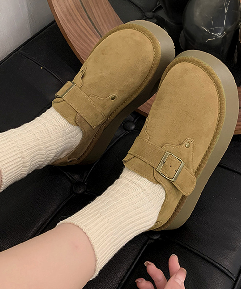 厚底モカシンシューズ ベルト付きスエード調パンプス