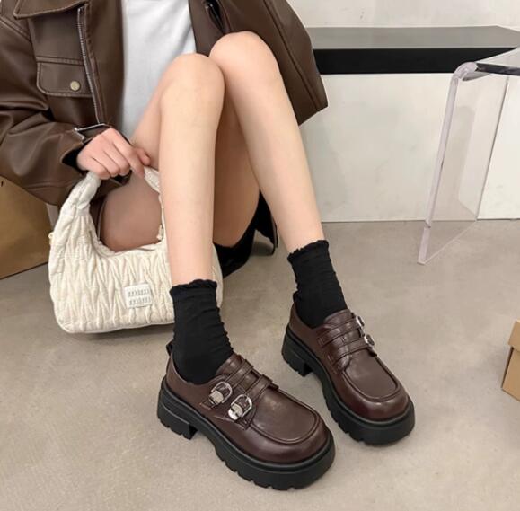 レディース厚底ローファー合成皮革モカシンシューズ