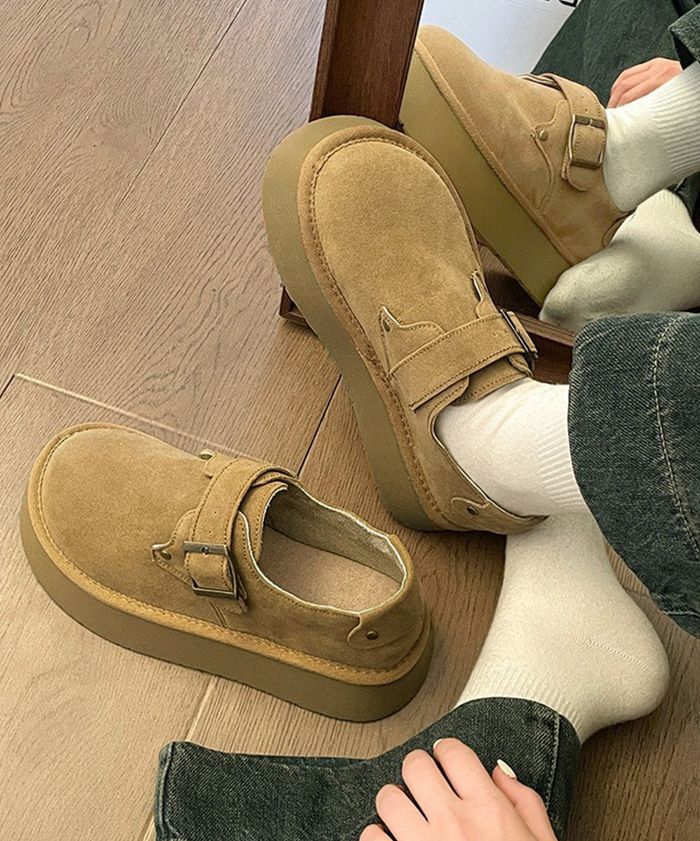 厚底モカシンシューズ ベルト付きスエード調パンプス