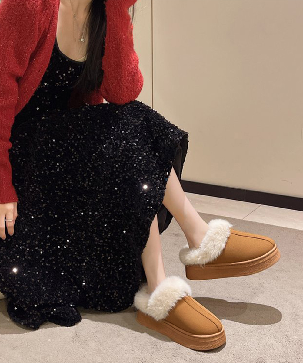 ファー付き厚底サボサンダル暖かモカシン