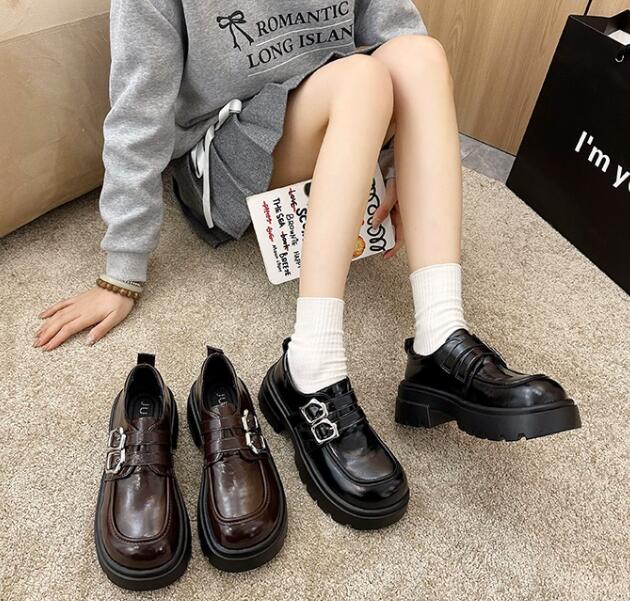 モカシン 厚底ダブルストラップローファー女性用合成皮革靴