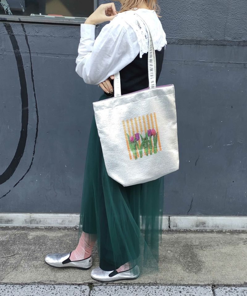 着物バッグ 花の庭 チューリップ刺繍トートバッグ