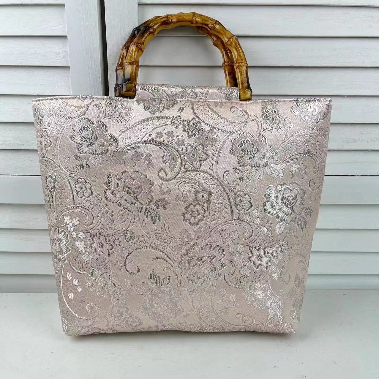 着物バッグ 花唐草 竹取手トートバッグ