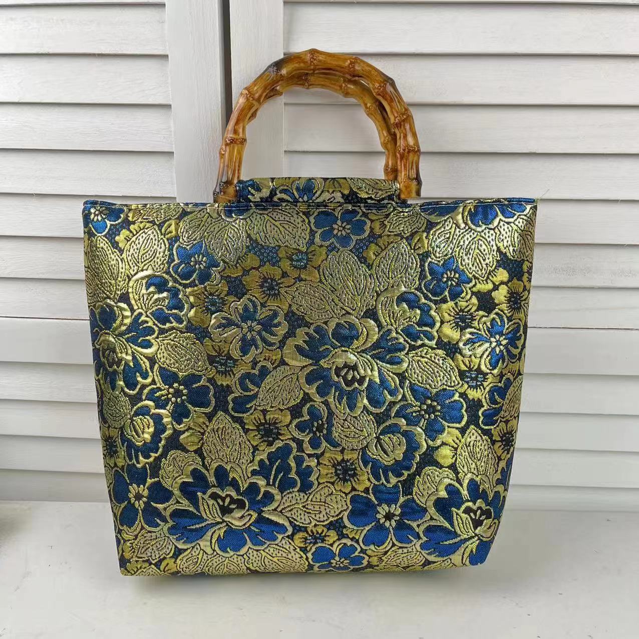 着物バッグ 花唐草 竹取手トートバッグ