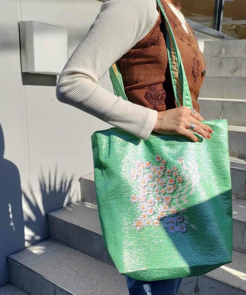 着物バッグ 花の庭 チューリップ刺繍トートバッグ