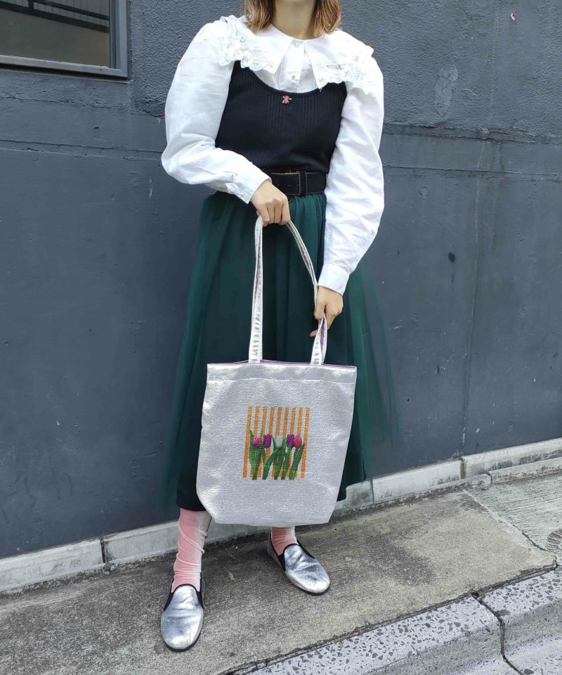 着物バッグ 花の庭 チューリップ刺繍トートバッグ
