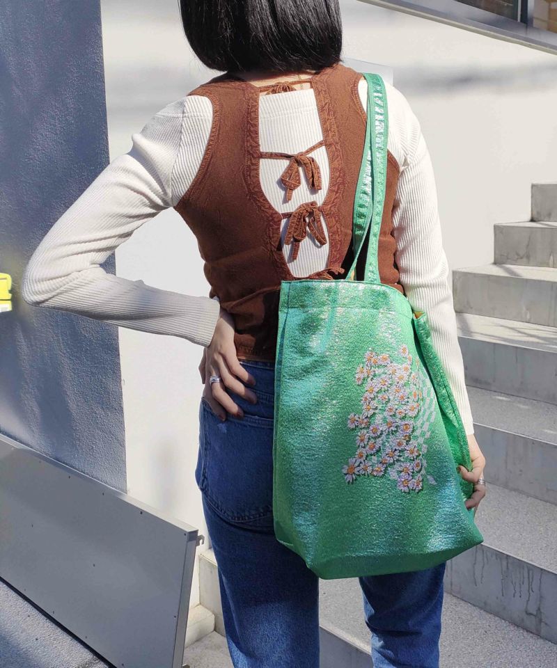 着物バッグ 花の庭 チューリップ刺繍トートバッグ