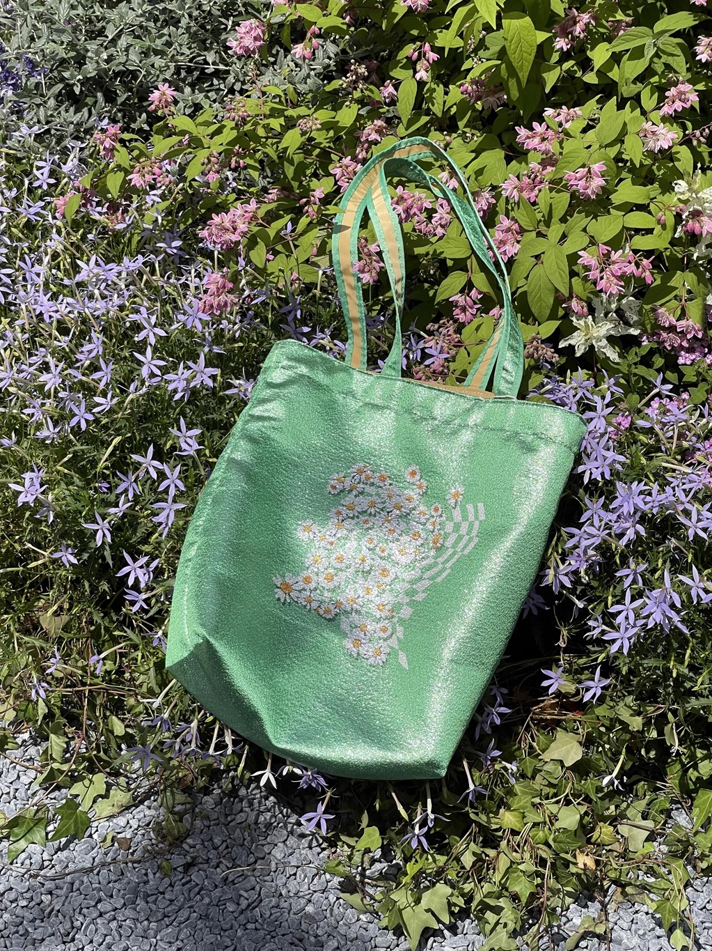 着物バッグ 花の庭 チューリップ刺繍トートバッグ