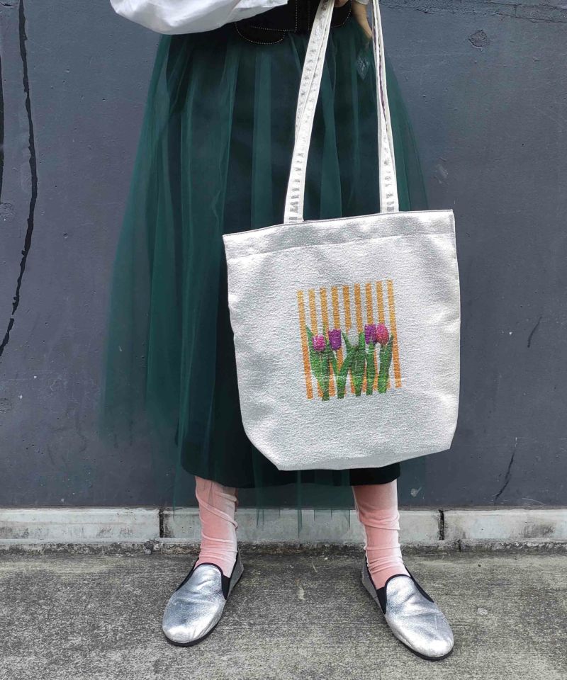着物バッグ 花の庭 チューリップ刺繍トートバッグ