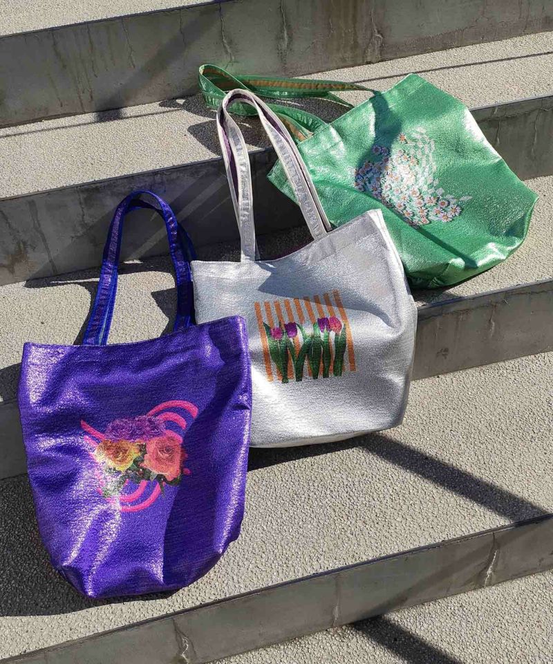 着物バッグ 花の庭 チューリップ刺繍トートバッグ