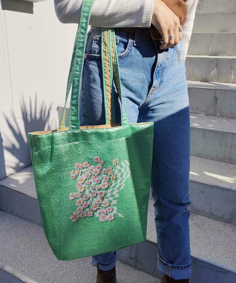 着物バッグ 花の庭 チューリップ刺繍トートバッグ
